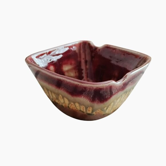 Paul Ray Pottery Square Bowl Hand Crafted Studio Art Seagrove NC Burgundy Beige - Picture 2 of 8